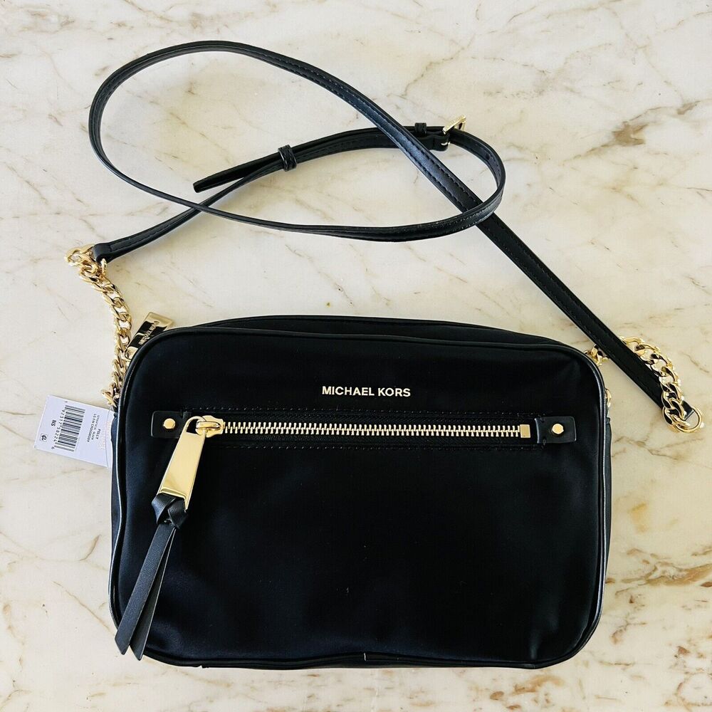 MICHAEL KORS Polly Black Nylon East West Zip Chain Crossbody Bag